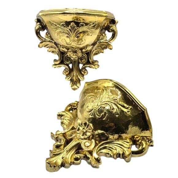 Vintage Hollywood Regency Homco Gold Ornate Plastic Wall Planter Pockets Pair - Picture 1 of 8